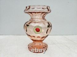 Unusual Czech Art Glass Vase Pink w Applied Green Red Flower Vintage 1930s