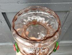 Unusual Czech Art Glass Vase Pink w Applied Green Red Flower Vintage 1930s