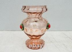 Unusual Czech Art Glass Vase Pink w Applied Green Red Flower Vintage 1930s