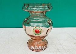 Unusual Czech Art Glass Vase Pink w Applied Green Red Flower Vintage 1930s