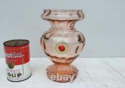 Unusual Czech Art Glass Vase Pink w Applied Green Red Flower Vintage 1930s