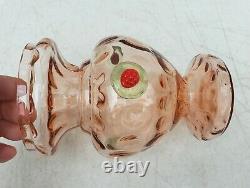 Unusual Czech Art Glass Vase Pink w Applied Green Red Flower Vintage 1930s