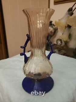 VASE Art glass Optic Light Pink Cobalt Blue Applied Handles Kralik bohemian