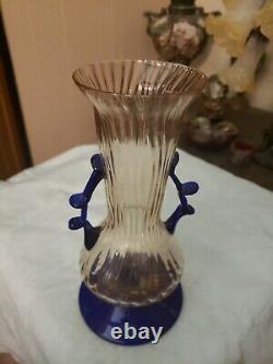 VASE Art glass Optic Light Pink Cobalt Blue Applied Handles Kralik bohemian