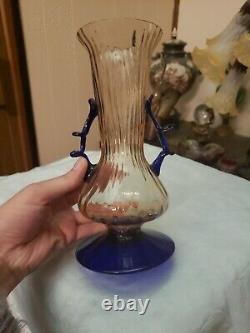 VASE Art glass Optic Light Pink Cobalt Blue Applied Handles Kralik bohemian