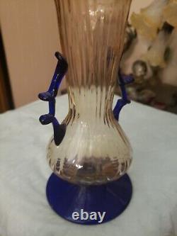 VASE Art glass Optic Light Pink Cobalt Blue Applied Handles Kralik bohemian