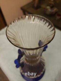 VASE Art glass Optic Light Pink Cobalt Blue Applied Handles Kralik bohemian