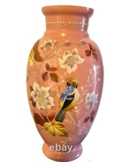 VASE Bristol Pink Opaline Victorian Cased Glass Hand Painted Bird & Floral