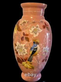 VASE Bristol Pink Opaline Victorian Cased Glass Hand Painted Bird & Floral