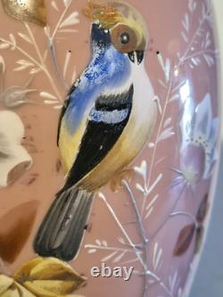 VASE Bristol Pink Opaline Victorian Cased Glass Hand Painted Bird & Floral