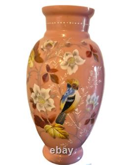 VASE Bristol Pink Opaline Victorian Cased Glass Hand Painted Bird & Floral