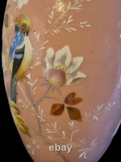 VASE Bristol Pink Opaline Victorian Cased Glass Hand Painted Bird & Floral