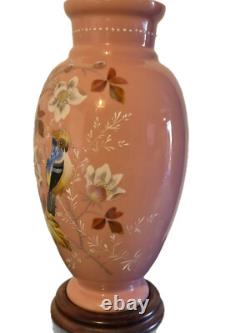 VASE Bristol Pink Opaline Victorian Cased Glass Hand Painted Bird & Floral