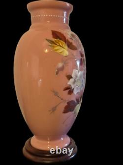 VASE Bristol Pink Opaline Victorian Cased Glass Hand Painted Bird & Floral