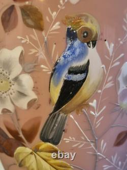 VASE Bristol Pink Opaline Victorian Cased Glass Hand Painted Bird & Floral