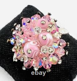 VENDOME Pink Art Glass & Rhinestones Cluster Brooch Signed Vintage Jewelry