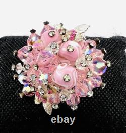 VENDOME Pink Art Glass & Rhinestones Cluster Brooch Signed Vintage Jewelry