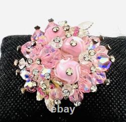 VENDOME Pink Art Glass & Rhinestones Cluster Brooch Signed Vintage Jewelry