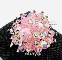 VENDOME Pink Art Glass & Rhinestones Cluster Brooch Signed Vintage Jewelry