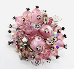 VENDOME Pink Art Glass & Rhinestones Cluster Brooch Signed Vintage Jewelry