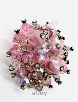 VENDOME Pink Art Glass & Rhinestones Cluster Brooch Signed Vintage Jewelry