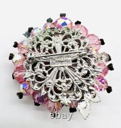 VENDOME Pink Art Glass & Rhinestones Cluster Brooch Signed Vintage Jewelry