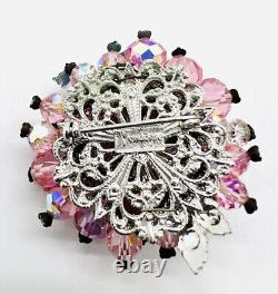 VENDOME Pink Art Glass & Rhinestones Cluster Brooch Signed Vintage Jewelry
