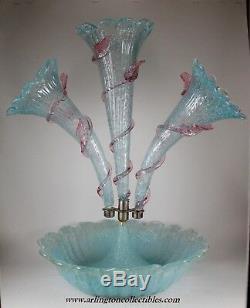 VENETIAN MURANO Aqua Blue Art Glass 3 Horn Flute Epergne with Pink Rigaree