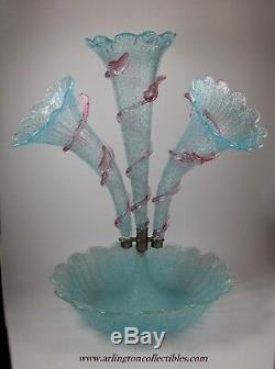 VENETIAN MURANO Aqua Blue Art Glass 3 Horn Flute Epergne with Pink Rigaree