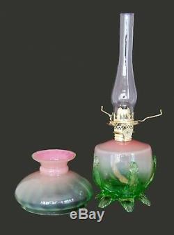 VERY RARE Antique Pink & Green Opalescent Art Glass Miniature Oil Lamp, S1-538