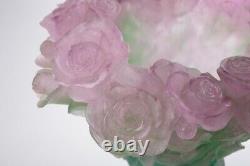 VINTAGE 20th FRENCH RARE LARGE DAUM CRYSTAL ROSES VASE GREEN & PINK SINGED