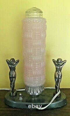 VINTAGE ART DECO FIGURAL LADY NUDE Silver FINISH SPELTER TABLE LAMP WORKING