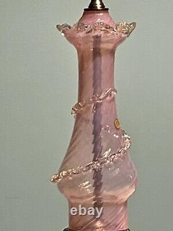 VINTAGE BAROVIER & TOSO MURANO BLOWN GLASS LAMP with LABEL, TASSELS PINK VENETIAN