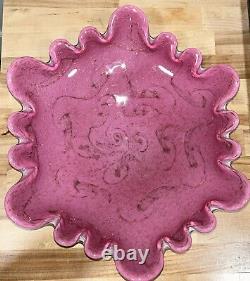 VINTAGE LARGE MURANO ITALY Cranberry SWIRL FLAKE CENTERPIECE ART GLASS BOWL