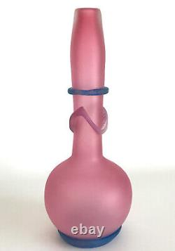 VINTAGE Studio Paran Signed Blown Art Glass Vase Pink Blue Bulbous Memphis Deco