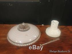 VTG 3 Chain Art Deco Hanging Light Fixture Chandelier Pink Frosted Glass Shade