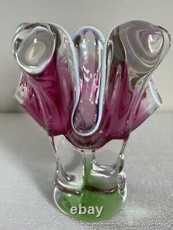 VTG Chribska Pink & Green Art Glass Vase By Josef M. Hospodka, Czechoslovakia