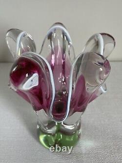 VTG Chribska Pink & Green Art Glass Vase By Josef M. Hospodka, Czechoslovakia