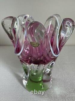 VTG Chribska Pink & Green Art Glass Vase By Josef M. Hospodka, Czechoslovakia