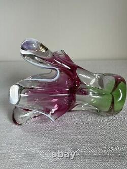 VTG Chribska Pink & Green Art Glass Vase By Josef M. Hospodka, Czechoslovakia