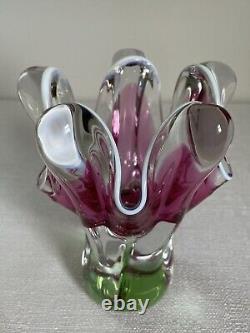 VTG Chribska Pink & Green Art Glass Vase By Josef M. Hospodka, Czechoslovakia