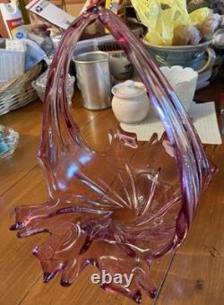VTG Formica Vetri Murano Cranberry Pink Art Glass Basket Hand Blown Italy