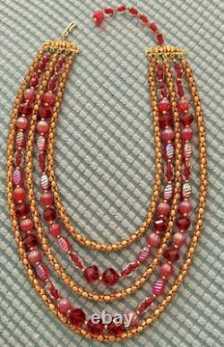 VTG HOBE 5 Strand Necklace Gold Mesh Chains & Murano Red Pink Art Glass Beads