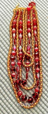 VTG HOBE 5 Strand Necklace Gold Mesh Chains & Murano Red Pink Art Glass Beads