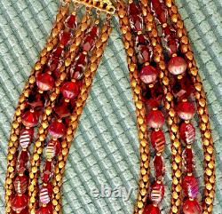VTG HOBE 5 Strand Necklace Gold Mesh Chains & Murano Red Pink Art Glass Beads