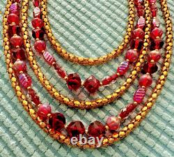 VTG HOBE 5 Strand Necklace Gold Mesh Chains & Murano Red Pink Art Glass Beads