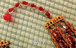 VTG HOBE 5 Strand Necklace Gold Mesh Chains & Murano Red Pink Art Glass Beads