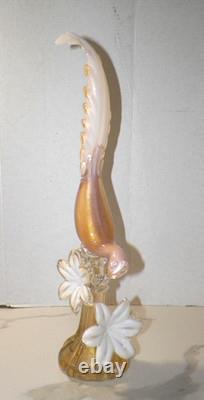 VTG MCM HAND BLOWN ART GLASS PHEASANT WITH FLOWERS PINK WithGOLD 21 MID CENTURY
