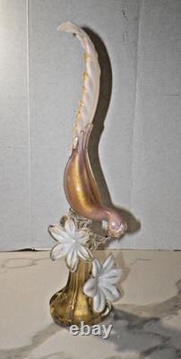 VTG MCM HAND BLOWN ART GLASS PHEASANT WITH FLOWERS PINK WithGOLD 21 MID CENTURY