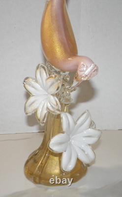 VTG MCM HAND BLOWN ART GLASS PHEASANT WITH FLOWERS PINK WithGOLD 21 MID CENTURY